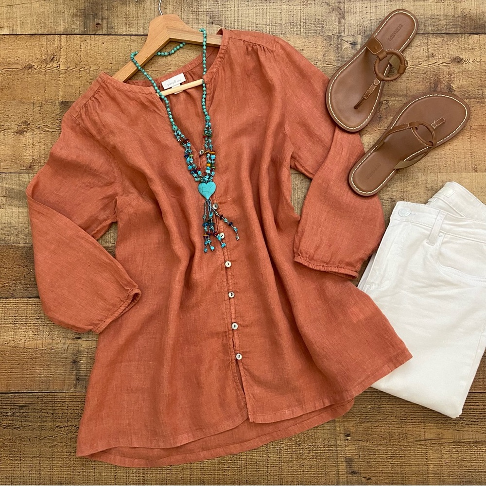 Linen Tunic Casual Blouse Beautiful Rust Color (M - TALL)